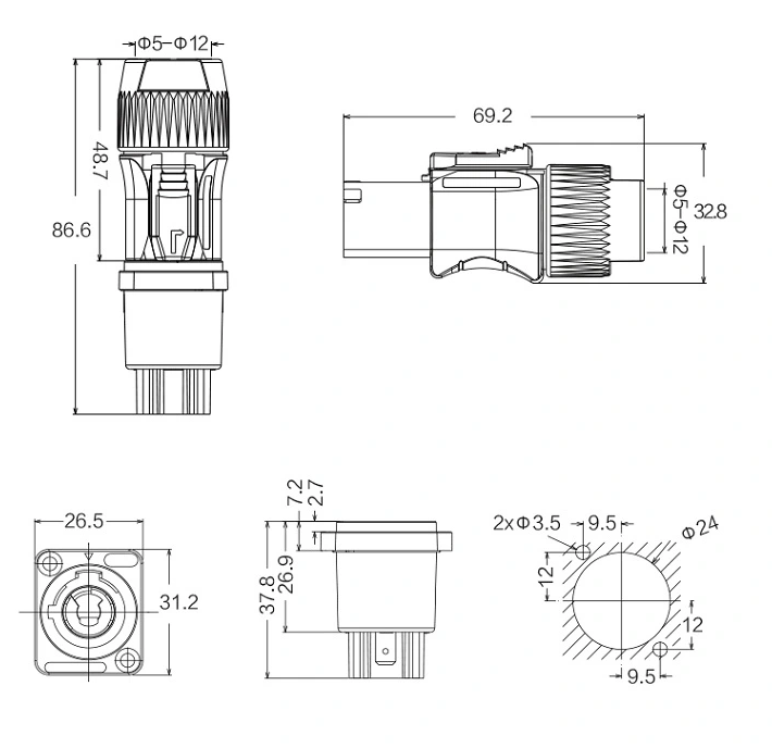 Conector Serie YF-24 Macho 3 Pines Plug con tornillos CNLINKO