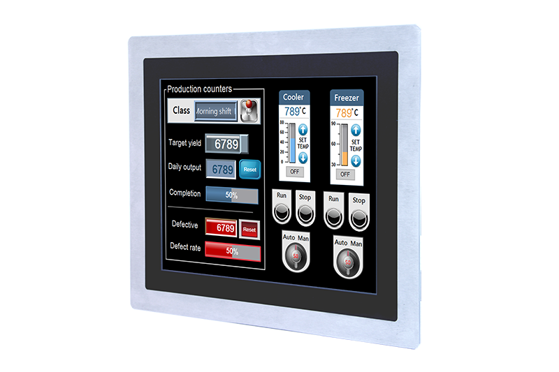 17" 4:3 (1280 x 1024), 350 nits, Stainless Steel 316 IP65 front panel, with 5-Wired Resistive Touch screen, USB interface,1 VGA,  USB interface, DC 12~24V, Phoenix Connector