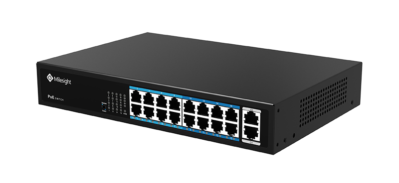 Switch PoE, 16 puertos PoE RJ45 10/100Mbps, 2 puertos uplink 1000Mbps