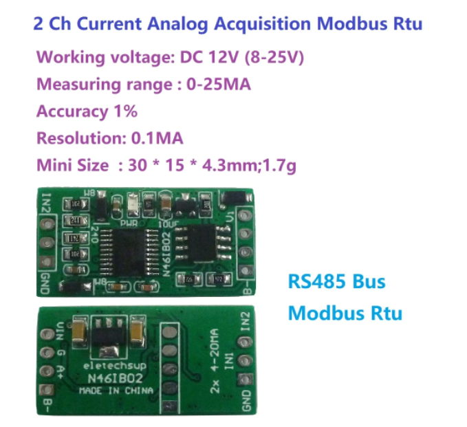 Módulo de adquisición analógica de corriente , ADC MODBUS RTU RS485, 4-20MA, DC12V, 2CH, 0-20MA con PIN