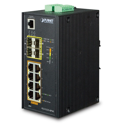 Industrial L2+ 8-Port 10-100-1000T 802.3at PoE + 4-Port 100-1000X SFP Managed