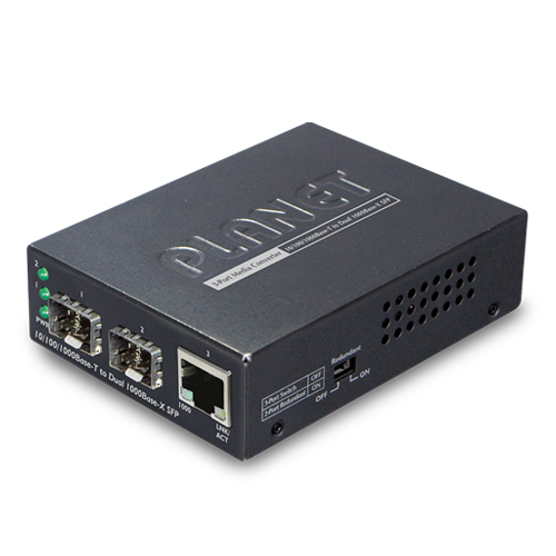 Conversor de Medios 10/100/1000BASE-T a Dual 100/1000BASE-X SFP