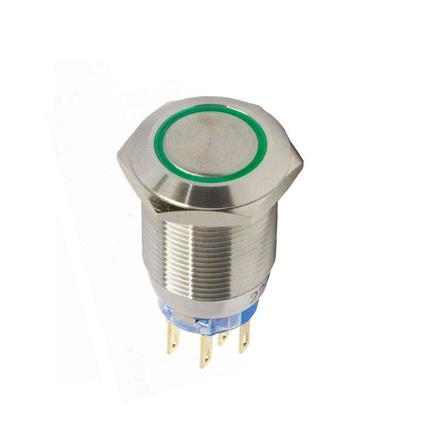 Botónera antivandalismo 19mm iluminado verde acero inoxidable 2 inversores momentáneo 220VCA