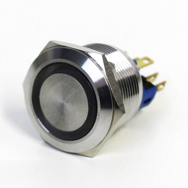 Botónera antivandalismo  19mm iluminado  azul acero inoxidable 2 inversores momentáneo 12V