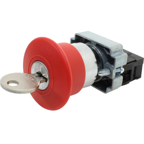 Botón Emergencia con llave 22mm metálico rojo 1NC