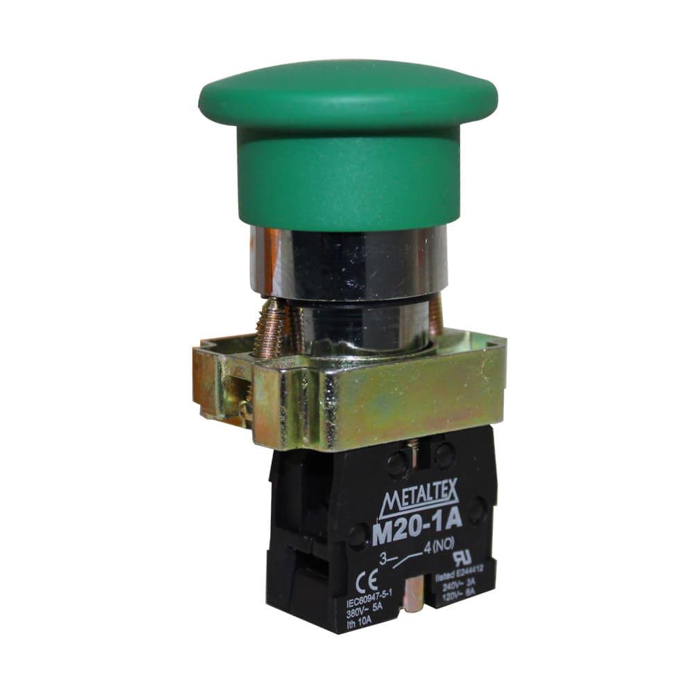 Pulsador Hongo 22mm metálico - verde - 1NA