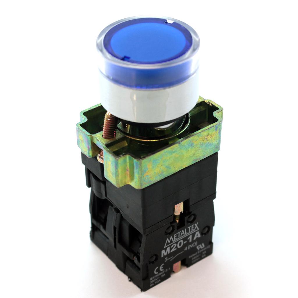 Pulsador iluminado 22mm metálico - azul 220V - 1NA+1NC