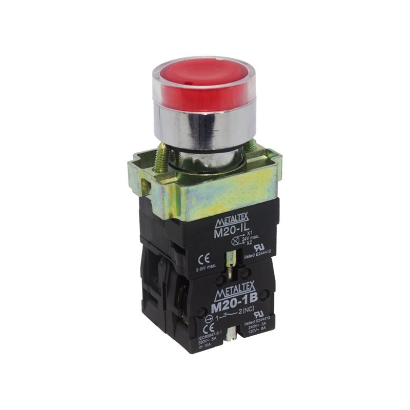 Pulsador iluminado 22mm metálico - rojo 220V - 1NA+1NC