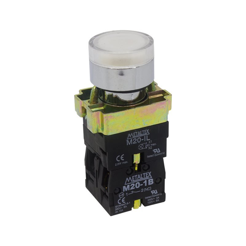 Pulsador iluminado 22mm metálico - blanco 24V - 1NA+1NC