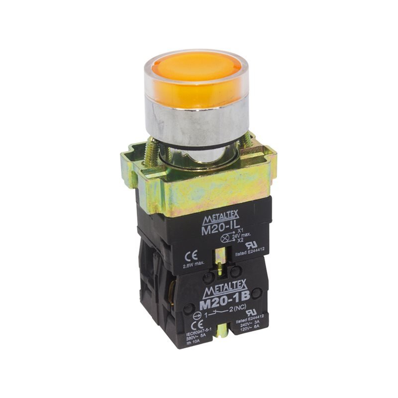 Pulsador iluminado 22mm metálico - amarillo 24V - 1NA+1NC