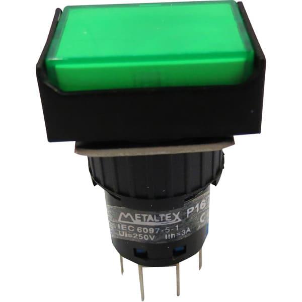 Pulsador iluminado 16mm rectangular sin retención verde 220V - 2 Inversores