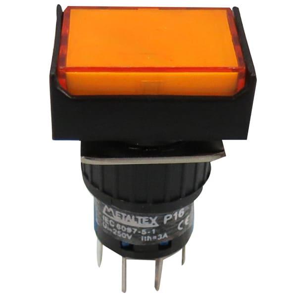 Pulsador iluminado 16mm rectangular sin retención naranjo 220V - 2 Inversores