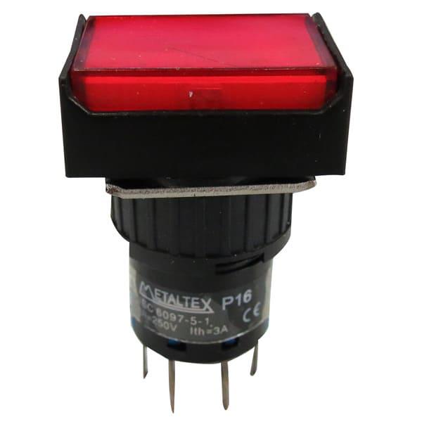 Pulsador iluminado 16mm rectangular sin retención rojo 220V - 2 Inversores