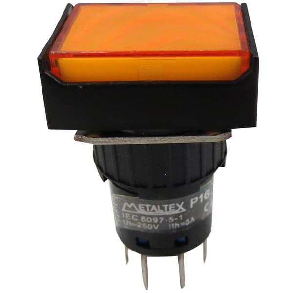 Pulsador iluminado 16mm rectangular sin retención naranjo 24V DPDT