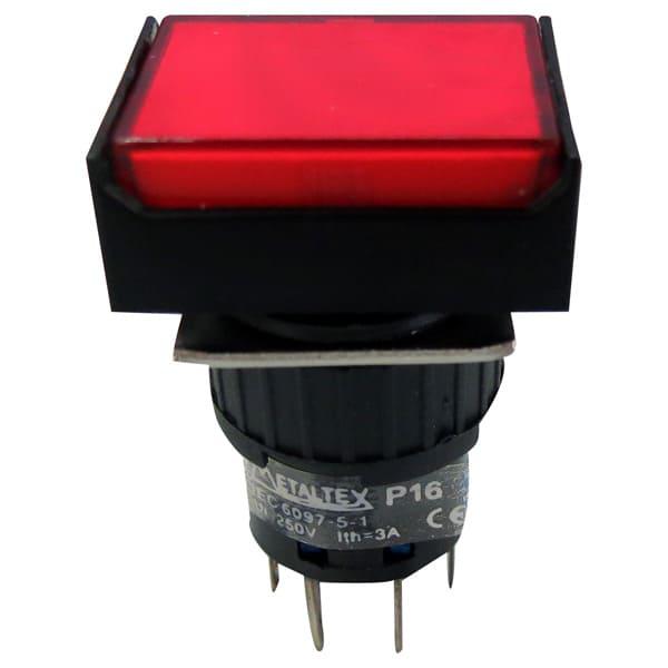 Pulsador iluminado 16mm rectangular sin retención rojo 24V - 2 Inversores