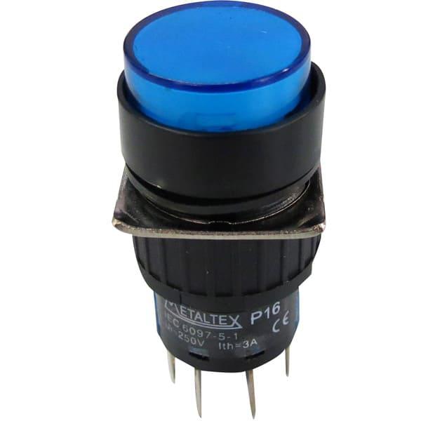 Pulsador iluminado 16mm redondo sin retención azul 220V - 2 Inversores