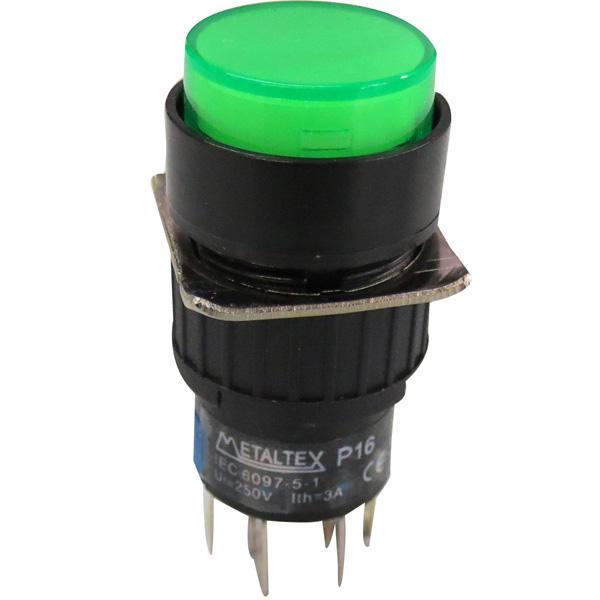 Pulsador iluminado 16mm redondo sin retención verde 220V - 2 Inversores