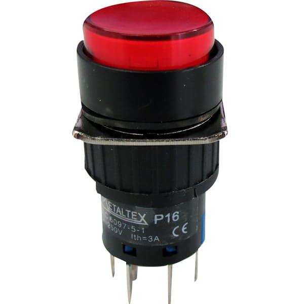 Pulsador iluminado 16mm redondo sin retención rojo 220V - 2 Inversores