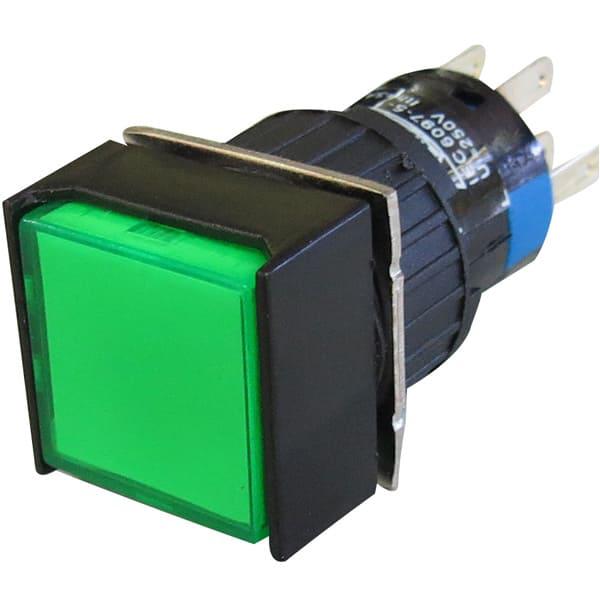 Pulsador iluminado 16mm cuadrado sin retención verde 220V DPDT