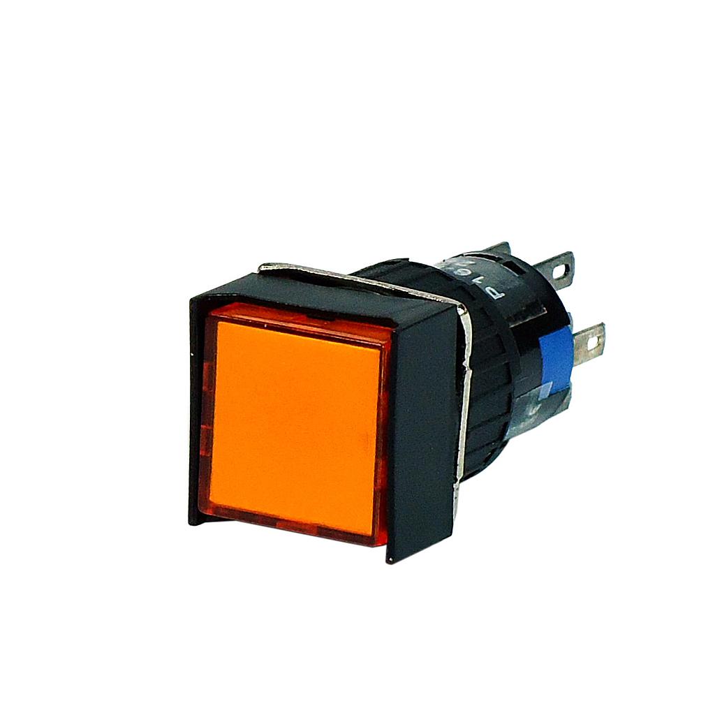 Pulsador iluminado 16mm cuadrado sin retención naranjo 220V - DPDT