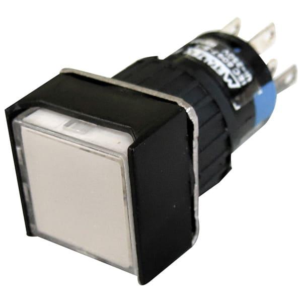 Pulsador iluminado 16mm cuadrado sin retención blanco 220V - DPDT