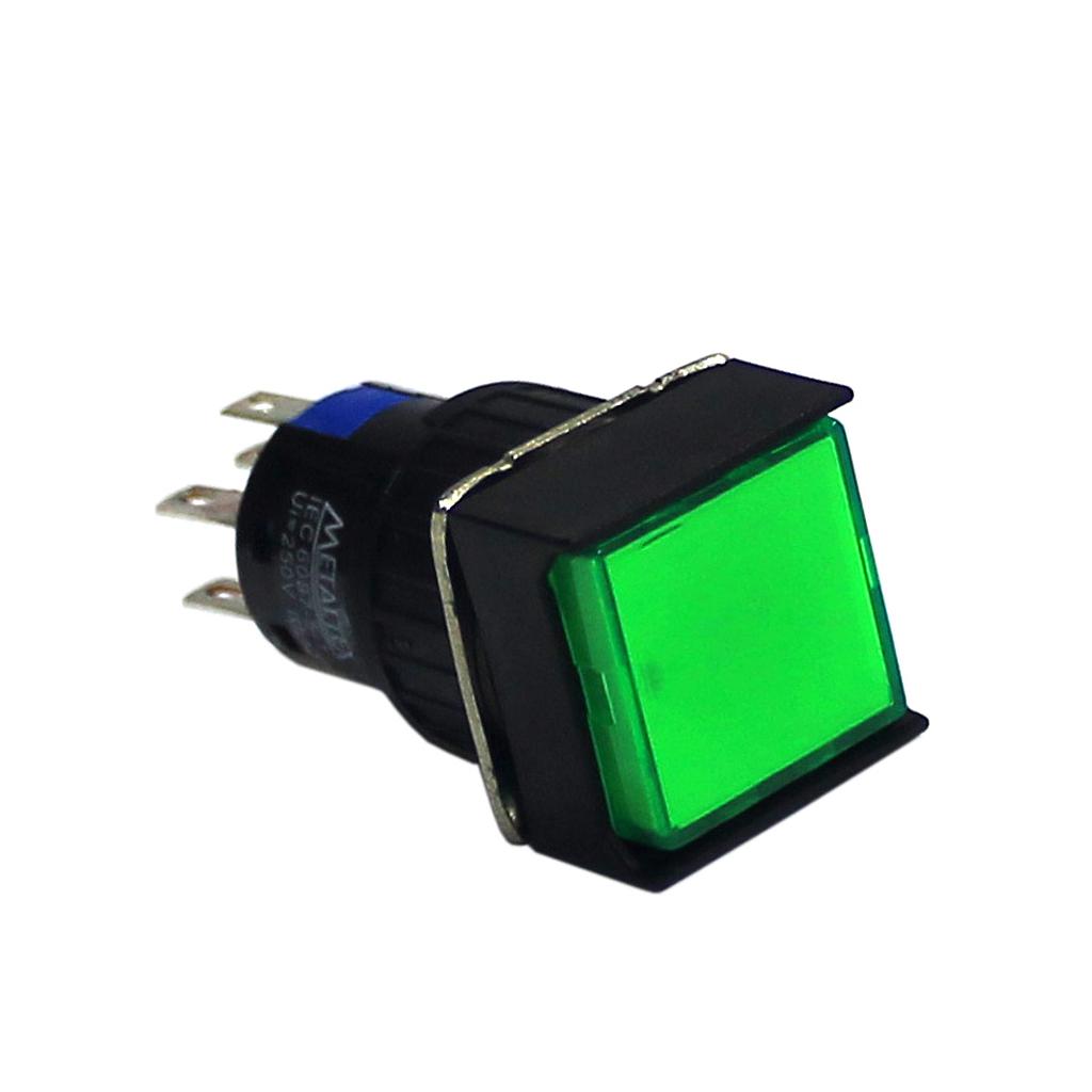 Pulsador iluminado 16mm cuadrado sin retención verde 24V - 2 Inversores