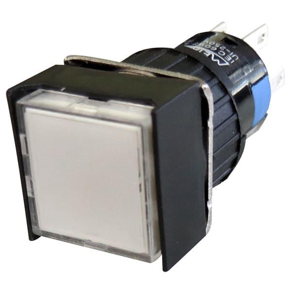 Pulsador iluminado 16mm cuadrado sin retención blanco 24V DPDT