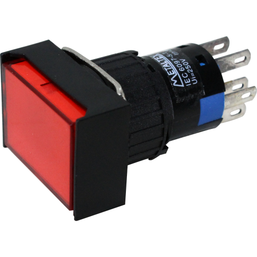 Pulsador iluminado 16mm rectangular con retención rojo 220V - 2 Inversores