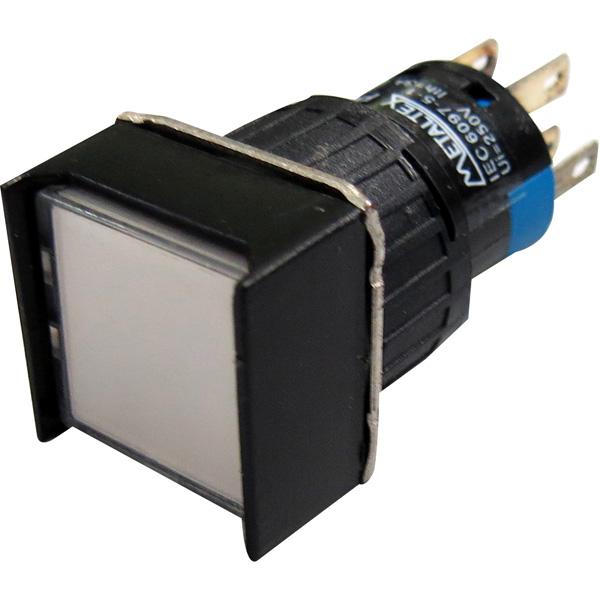 Pulsador iluminado 16mm cuadrado con retención blanco 220V - 2 Inversores