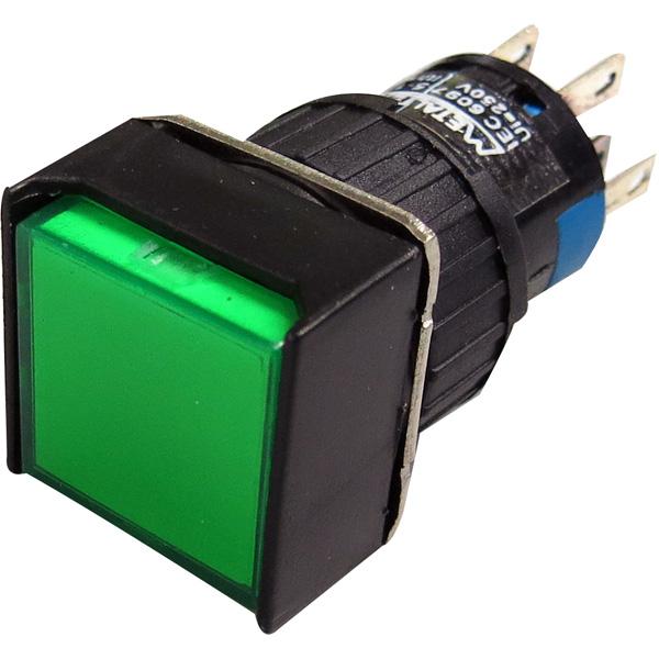 Pulsador iluminado 16mm cuadrado con retención verde 24V - 2 Inversores