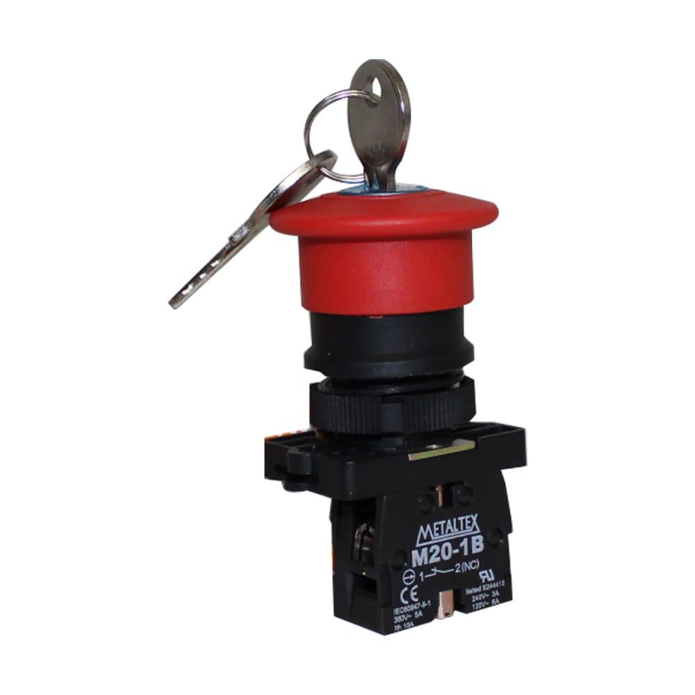 Botón Emergencia con llave 22mm plástico rojo - 1NC