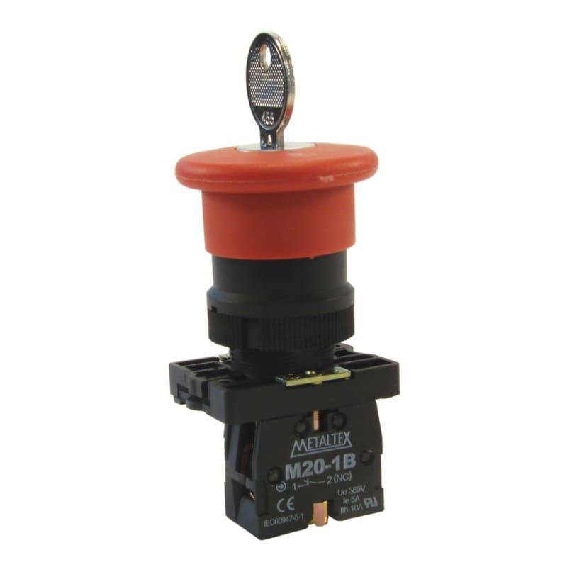 Botón Emergencia con llave 22mm plástico rojo - 1NC