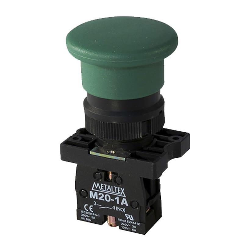 Pulsador Hongo 22mm plástico verde - 1NA