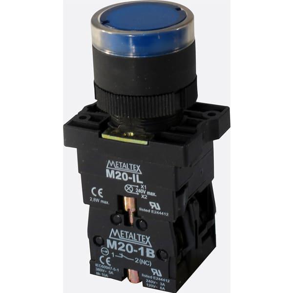 Pulsador iluminado 22mm plástico azul 220V - 1NA+1NC