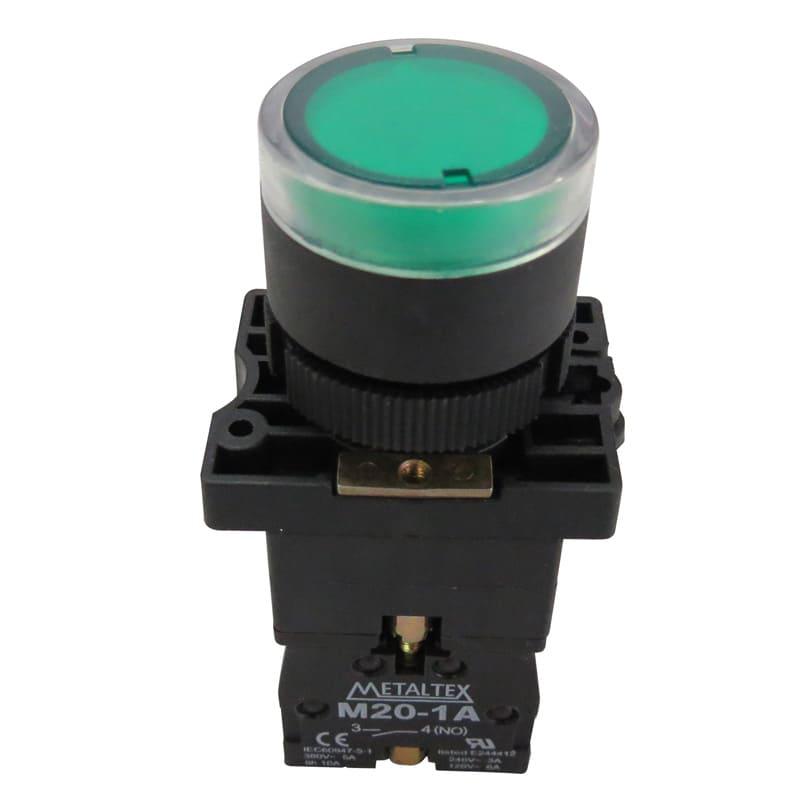 Pulsador iluminado 22mm plástico verde 220V - 1NA+1NC