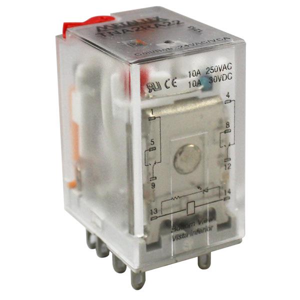Relé subminiatura, 2 contactos reversibles, bobina 24VCA, 10A, con indicador LED