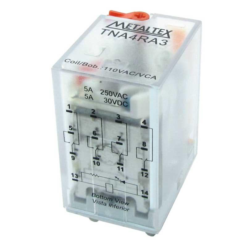 Relé subminiatura, 4 contactos reversibles, bobina 110VCA, 5A, con indicador LED