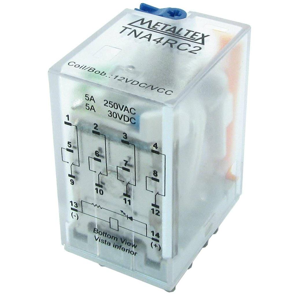 Rele subminiatura , 4 contactos reversibles, bobina 12VCC, 5A, con indicador LED