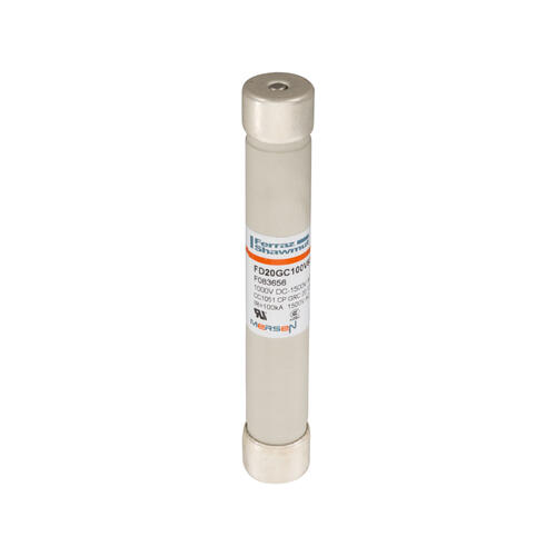 Fusible Mersen 63A, 1000VDC, 20x127mm, con percutor indicador de fusión.
