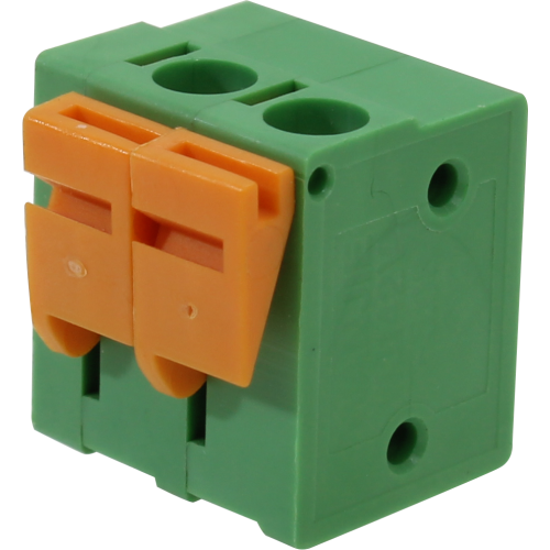 Borne para PCI, 2 pines, 180 grados, paso 5,08, altura de 14,1mm, conexión resorte, verde con Actuador naranjo