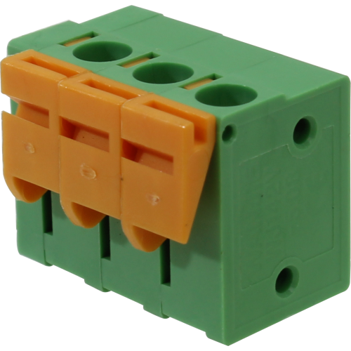Borne para PCI, 3 pines, 180 grados, paso 5,08, altura de 14,1mm, conexión resorte, verde con Actuador naranjo