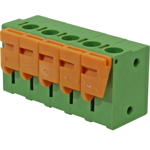 Borne para PCI, 5 pines, 180 grados, paso 5,08, altura de 14,1mm, conexión resorte, verde con Actuador naranjo
