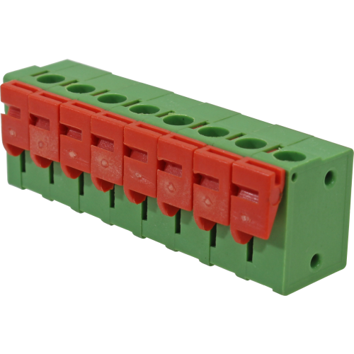 Borne para PCI, 8 pines, 180 grados, paso 5,08, altura de 14,1mm, conexión resorte, verde con Actuador naranjo