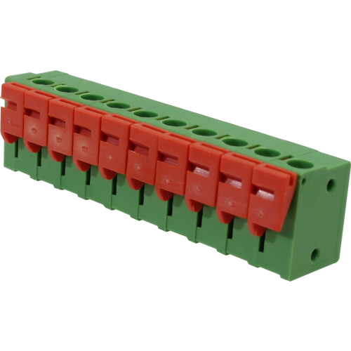 Borne para PCI, 10 pines, 180 grados, paso 5,08, altura de 14,1mm, conexión resorte, verde con Actuador naranjo