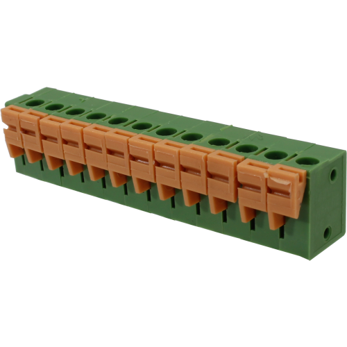 Borne para PCI, 12 pines, 180 grados, paso 5,08, altura de 14,1mm, conexión resorte, verde con Actuador naranjo