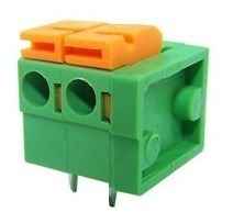 Borne para PCI, 2 pines, 90 malla de protección, paso 5,08, altura de 14,1mm, conexión resorte, verde con Actuador naranjo