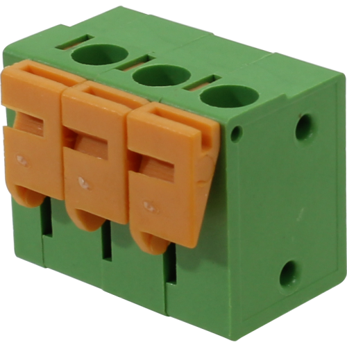 Borne para PCI, 3 pines, 90 malla de protección, paso 5,08, altura de 14,1mm, conexión resorte, verde con Actuador naranjo