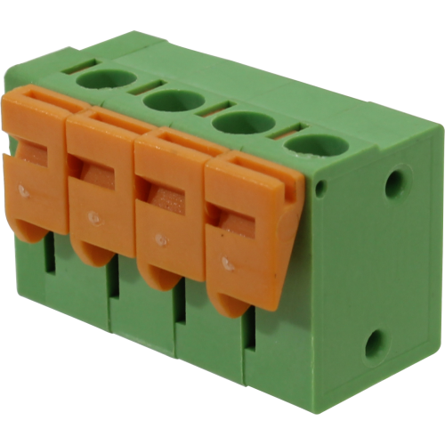 Borne para PCI, 4 pines, 90 malla de protección, paso 5,08, altura de 14,1mm, conexión resorte, verde con Actuador naranjo
