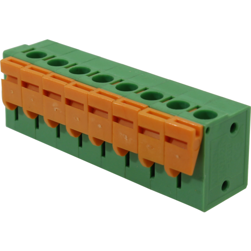 Borne para PCI, 8 pines, 90 malla de protección, paso 5,08, altura de 14,1mm, conexión resorte, verde con Actuador naranjo