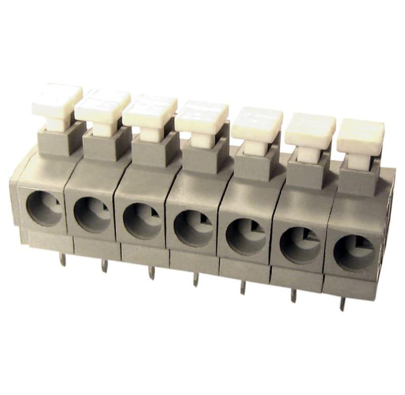 Borne para PCI, 4 pines, 90 malla de protección, paso 5,0, altura de 9,2mm, conexión resorte, gris con Actuador blanco